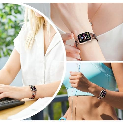 HOPO Compatible With Apple Watch Band 38mm 40mm 42mm 44mm Thin Light Resin Strap Bracelet With Stainless Steel Buckle Replacement For iWatch Series Ultra 9 8 7 6 5 4 3 2 1 SE(Tortoiseshell/Rose — view 2