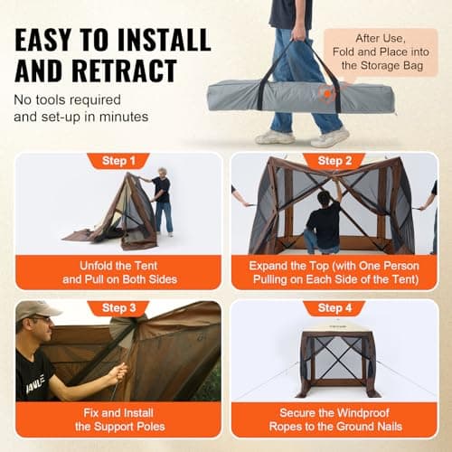 VEVOR Pop Up Gazebo Tent, Pop-Up Screen Tent 4 Sided Canopy Sun Shelter with 4 Removable Privacy Wind Cloths & Mesh Windows, 6x6FT Quick Set Screen Tents with Netting, Brown — view 5