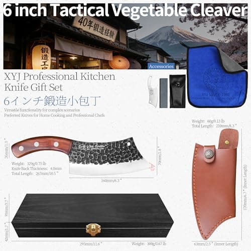 Cuts Like Butter 6.2 Inch Meat Cleaver Butcher Knife with Leather Sheath, Wooden Gift Box, Full Tang High Carbon Steel Japanese Chef Knife for Kitchen Outdoor, Gifts for Women Men Christmas Birthday