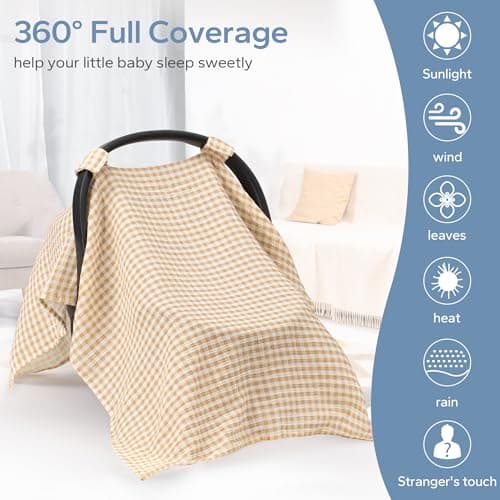 SERAPHY 100% Muslin Cotton Car Seat Covers for Babies, Universal Baby Car Seat Cover, Breathable Muslin Carseat Cover Canopies for Boys and Girls, Soft Infant Car Seat Cover for Summer — Beige — view 5