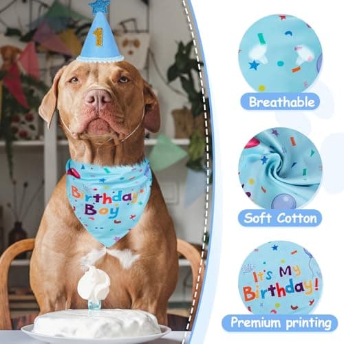 Yicostar Dog Boy Girl Birthday Party Hat, Dog Birthday Party Supplies, Birthday Bandana Set with Numbers for Gaint and Extra Large Dogs (Blue) — view 4