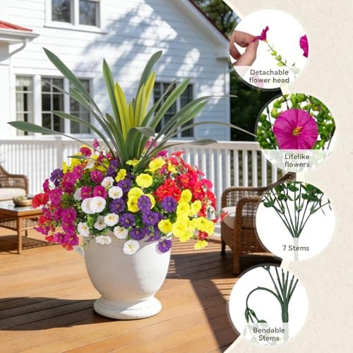 INXUGAO Artificial Flowers for Spring Outdoors Fake Plants Outside, 13 Bundles Silk Morning Glory with Eucalyptus UV Resistant Realistic Faux Flowers for Porch Planter Garden Patio Decor (Six Mixed) — view 2