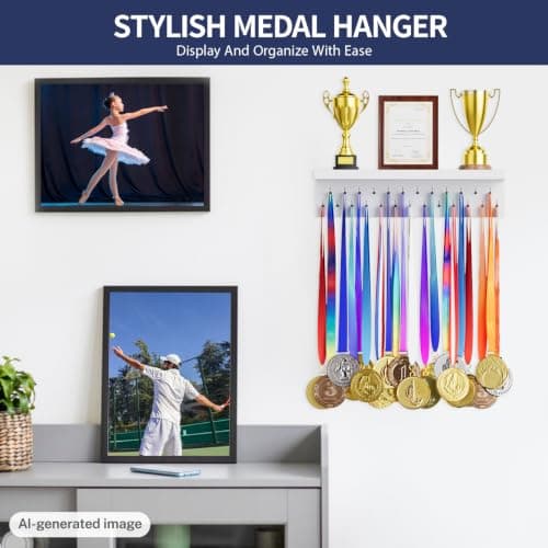 DSVENROLY Medal Holder Display Trophy Shelf Organizer, Sturdy Wooden Race Award Hanger Rack with 25 Steel Hooks, Wall Mount Storage Stand for Sports Fans, Cheer Success, White with Black Pegs — view 2
