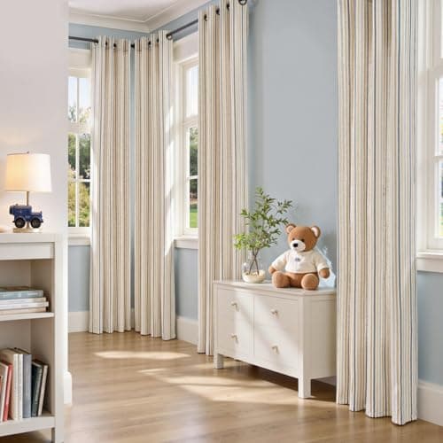 jinchan Colorful Linen Curtains for Living Room Multi Blue on Beige Striped Curtains for Bedroom Ticking Stripe Farmhouse Light Filtering Pinstripe Window Treatment 2 Panels 84 inches Long — view 5
