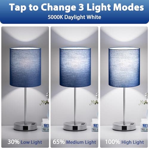 Blue Touch Lamps for Nightstand Set of 2 - Bedside Table Lamp for Bedroom with Dual USB Ports & AC Outlet, 3-Way Dimmable Lamps for Living Room Boys Room, Night Light with 5000K Daylight Bulbs — view 2