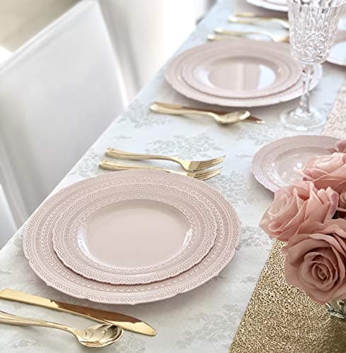 " OCCASIONS " 50 Plates Pack (25 Guests)-Extra Heavyweight Vintage Wedding Disposable/Reusable Plastic Plates -25 x 11'' Dinner + 25 x 8.25'' Salad/dessert (Chateau Blush Pink) — view 3