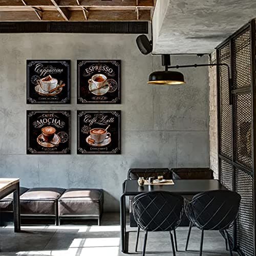 Coffee Wall Art Kitchen Decor Vintage Coffee Bar Wall Decor Black Brown Coffee Theme Dining Room Canvas Pictures Cafe Bean Cup Painting Artwork Restaurant Table Shop Family Home Decoration 12x12" 4Pcs — view 4