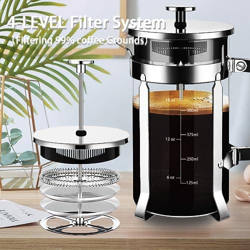 YMMIND French Press Coffee Maker 304 Stainless Steel Coffee Press,with 4 Filters System, Heat Resistant Thickness Borosilicate French Press Glass, BPA-Free Brewed Tea Pot Coffee Plunger(Copper 12oz) — view 6