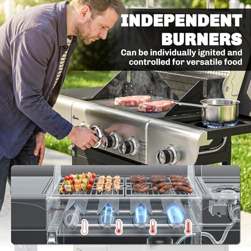 Outsunny 4 Burner Propane Gas Grill with Side Burner, 53,000 BTU BBQ Grill, Propane BBQ with Cast Iron Grates, Wheels, Warming Rack, Side Tables, Cabinet, Thermometer, Hooks — view 3