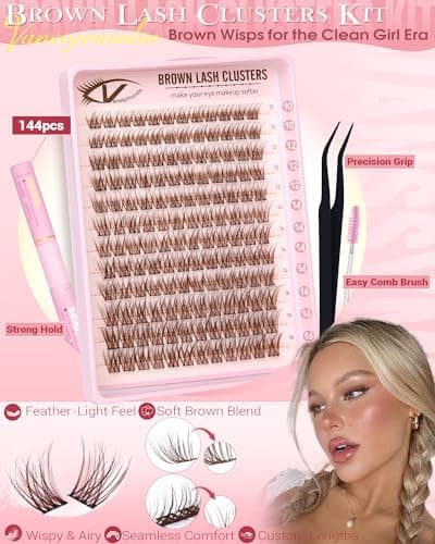 Brown Wispy Lash Clusters Kit Natural Eyelashes Clusters 10-16mm Cluster Eyelash Extensions C Curl Cluster Lashes DIY Eyelash Cluster Waterproof Individual Lash Extension Kit with Brush — view 2