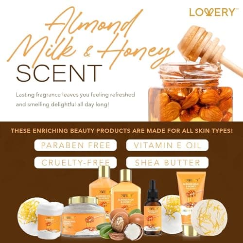 Gifts for Women Gift Basket for Women - 10 Pc Almond Milk & Honey Beauty & Personal Care Set - Home Bath Pampering Package for Relaxing - Spa Self Care Kit - Birthday, Mom, Anniversary Gift — view 4