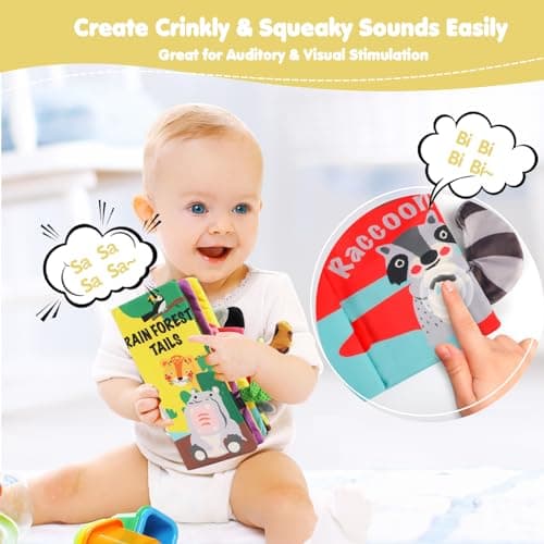 beiens Soft Toys Baby Cloth Books, Touch and Feel Crinkle Books for Babies, Infants & Toddler, Early Development Interactive Car Toys & Stroller Toys for Boys & Girls (Rainforest Tails-1 Book) — view 5