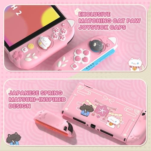 PlayVital Cherry Blossoms Kitten Protective Case for Nintendo Switch 2 with Stand | Cute Cat Ear & Paw Silicone Grips, Dockable Hard Shell, 2 Joystick Caps | Full-Body Protection Cover - Pink — view 5