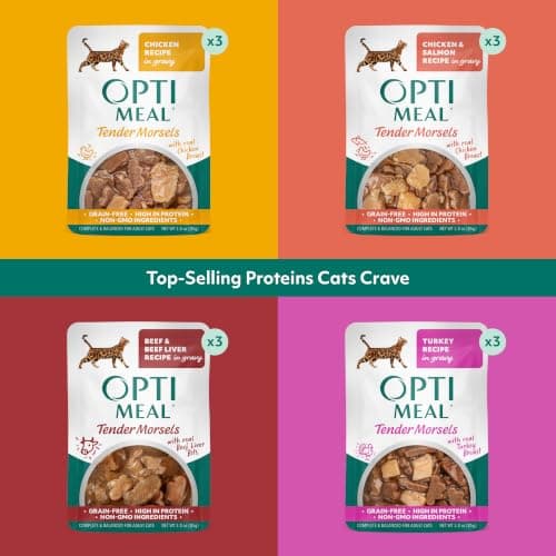 Optimeal Wet Cat Food Variety Pack - Savory Protein Selection, Grain Free Tender Morsels, High Protein Premium Nutrition Made with Natural European Ingredients, Adult Cat Pouches 3oz (Pack of 12) — view 3