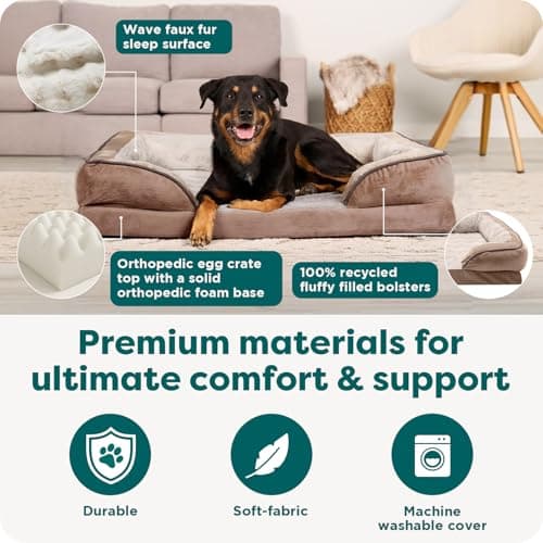 Furhaven Orthopedic Dog Bed for Large/Medium Dogs w/Removable Bolsters & Washable Cover, for Dogs Up to 55 lbs - Plush & Velvet Waves Perfect Comfort Sofa - Brownstone, Large — view 4
