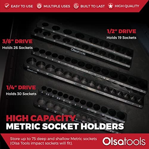 Olsa Tools Magnetic Socket Organizer - 3 Piece Socket Holder Kit - 1/2-Inch - 3/8-Inch - 1/4-Inch Drive - Metric - Black - Holds 75 Sockets - Professional-Grade - Part: 1151 — view 2