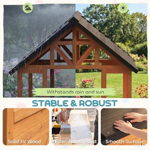 Qaba Outdoor Playhouse for Kids, Wooden Garden Games Cottage with Table, Benches, Sink Table, Snack Bar Window and Flowerpot Holders, for Ages 3-8, Light Brown — view 4