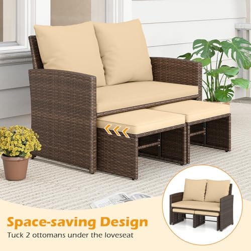 Tangkula Outdoor Loveseat with 2 Ottomans, 3 Pieces Patio PE Wicker Furniture Set with Cushions, Outside Rattan Conversation Set for Balcony, Garden and Backyard (Brown) — view 5