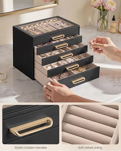 SONGMICS 5-Layer Jewelry Box with Glass Window, Jewelry Storage Organizer with 5 Drawers, Golden Handles, for Rings, Earrings, Bracelets, Gift Idea, Black, 6.8 x 9.4 x 7.2 Inches UJBC205BZ02S — view 5