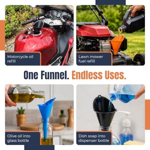 3pc Automotive Oil Funnel Set, Long Neck Plastic Funnels for Oil Change, Gas, Fuel, Diesel, Coolant & Transmission Fluid, Multi Purpose Car Funnel Kit for Auto Fluids or Kitchen Use — view 3