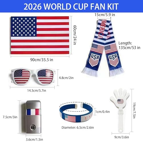 2026 World Cup Merch Soccer Fan Kit 6Pcs USA Soccer Fan Gear Set with American Flag, Glasses, Face Paint, Wristband, Clappers, Scarf - for Stadiums, Watch Parties, Patriotic Day 250 Anniversary — view 2