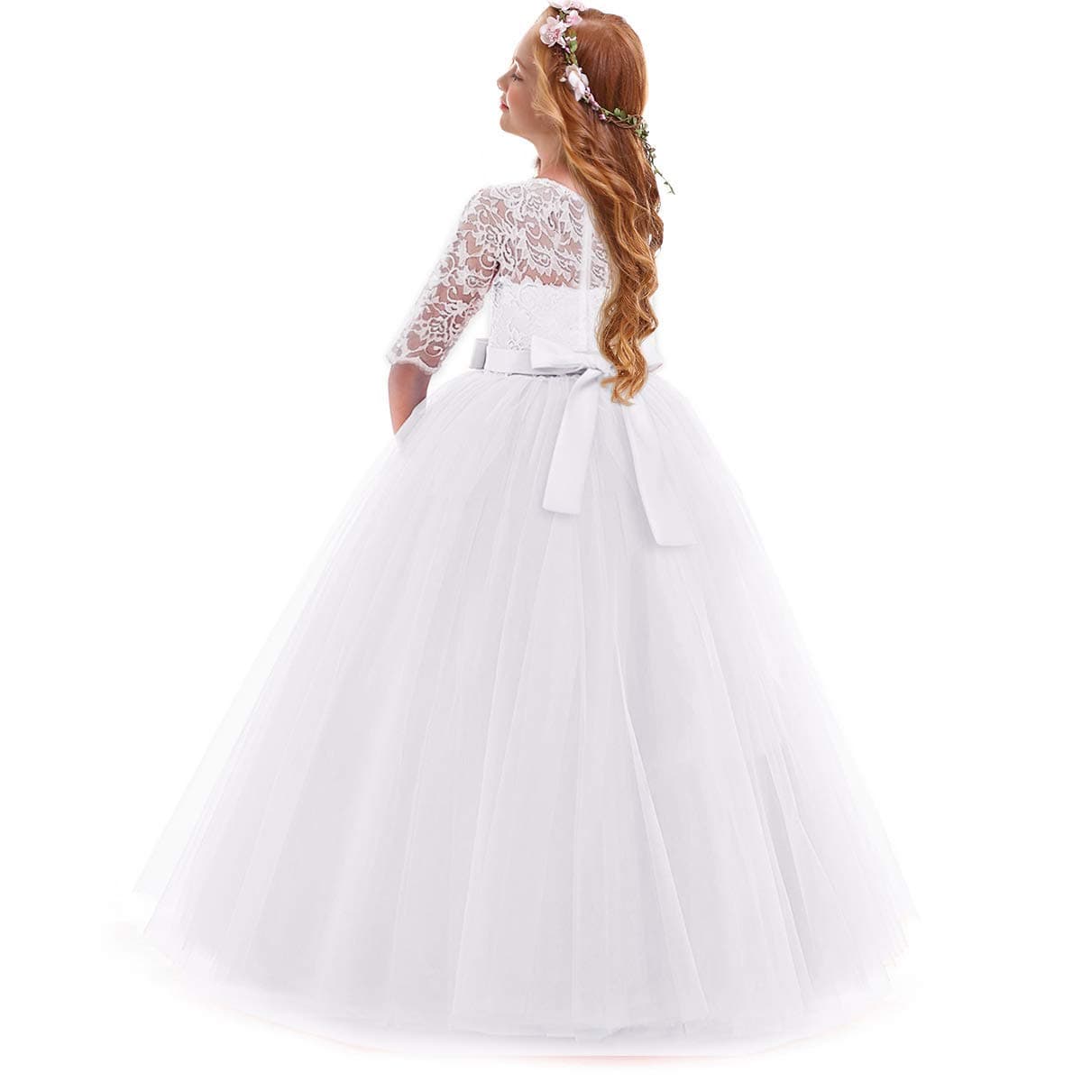 IWEMEK Flower Girls 3/4 Sleeve Floral Lace Tulle First Communion Pageant Dresses Kids Big Girls Princess Birthday Carnival Christmas Bridesmaid Wedding Party Prom Ball Gown 2-14 Years — view 2