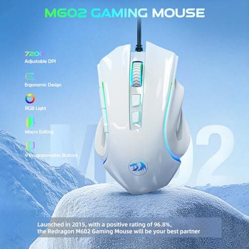 Redragon M602 RGB Wired Gaming Mouse RGB Spectrum Backlit Ergonomic Mouse Griffin Programmable with 8 Backlight Modes, Up to 7200 DPI for Windows PC Gamers (White)