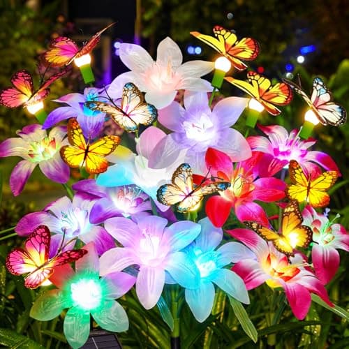 Garpar Solar Flower Lights Outdoor 4 Pack, 16 Lilies and 12 Butterflies
