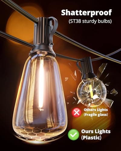 VIPAR Outdoor String Lights 30FT LED Patio Lights Waterproof with 14 Shatterproof ST38 Edison Bulbs Outside Hanging Light Dimmable Connectable for Porch, Deck, Garden, Backyard, Balcony, Decor, 2700K — view 4