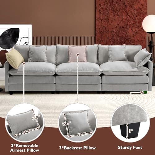 Ihanherry 111.4 Inch 3-Seater Cloud Sofa, Modular Sectional Couch, Modern Deep Seat Sofa for Living Room, Comfy Double Layer Upholstered Seat Cushion, Breathable Chenille Fabric, Grey — view 5
