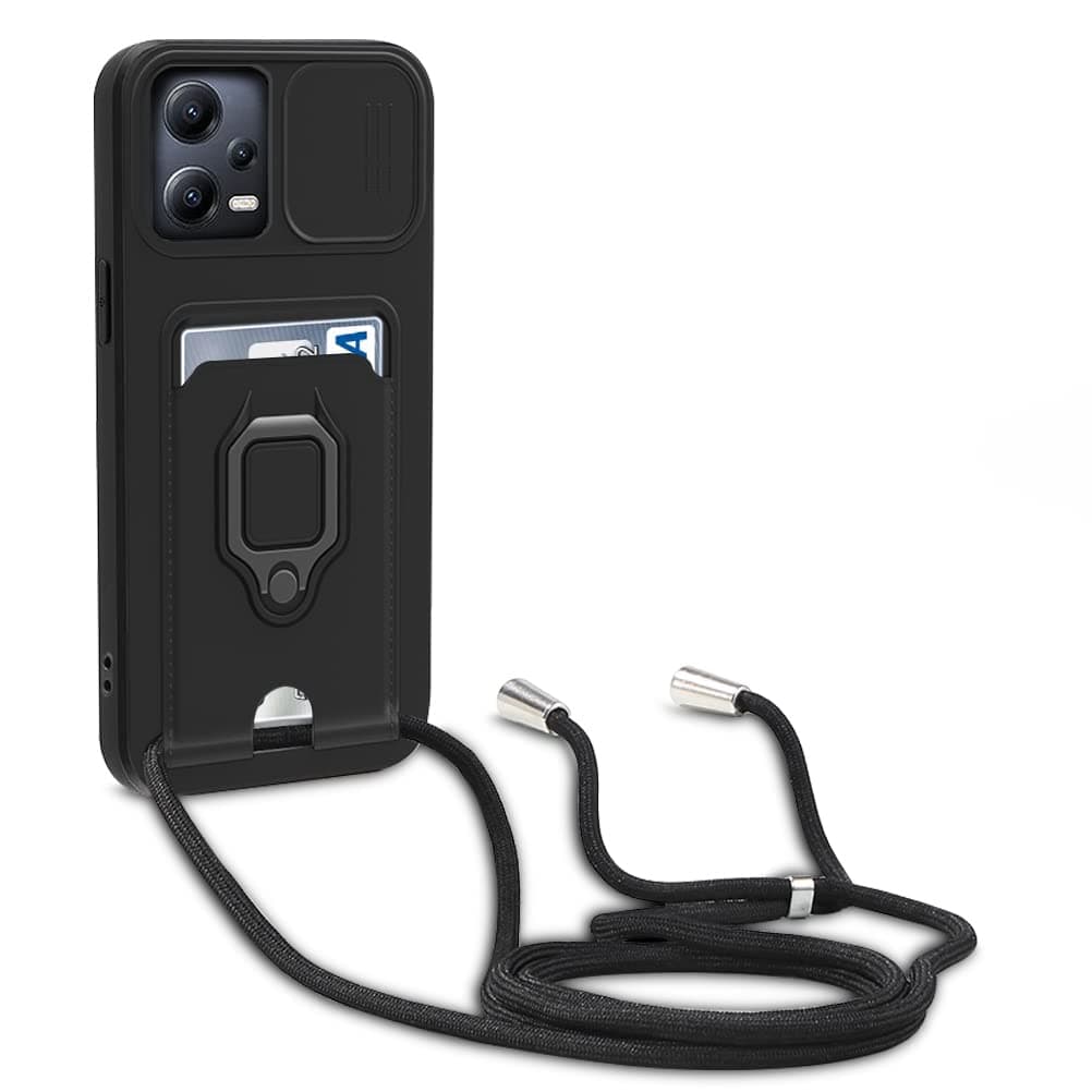 Protección de Cámara Funda Compatible con Xiaomi Poco X5 Pro 5G/Redmi Note 12 Pro 5G, con Anillo Soporte, Ajustable Collar Correa de Cuello Cordón Carcasa de Silicona-Negro