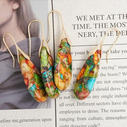 Sriomu Natural Healing Stone Fishhoop Dangle Drop Earrings Statement Gold silver earrings — view 5