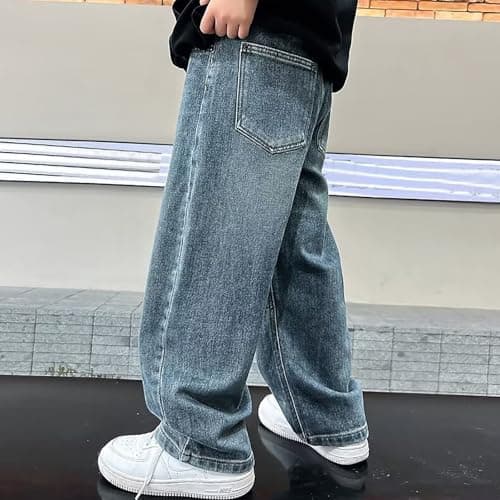 Baggy Jeans Boys Y2K Straight Wide Leg Denim Pants Kids Casual Elastic Waist Loose Trousers Pocket Streetwear Vintage Clothes (CA/US, Age, 15 Years, 16 Years, Blue) — view 2