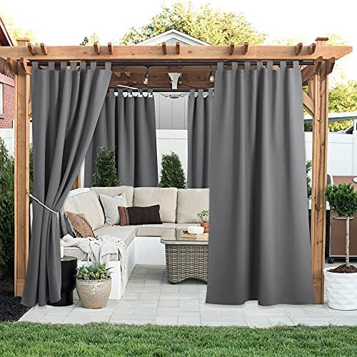 NICETOWN Waterproof Outdoor Curtains for Patio, Set of 2 Panels, Detachable Sticky Tab Top Heavy Weight Blackout Sunblock Window Treatment, Keep Privacy for Gazebo/Dock, W52 x L84, Grey