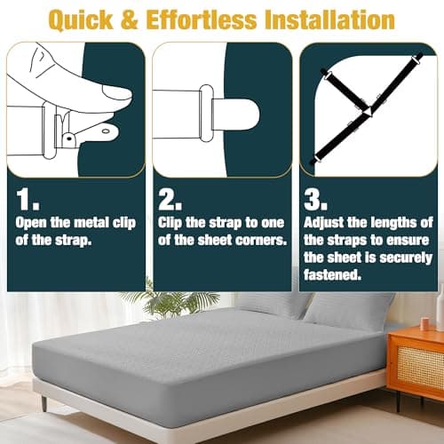 WHISPERING WONDER 4 Pack Bed Sheet Fasteners, Adjustable Mattress Cover Straps with Metal Clips, Elastic Bed Corner Holders, Non Slip Sheet Clips, Black Color — view 2