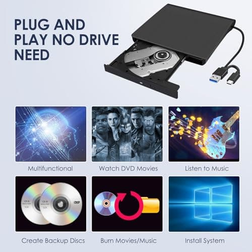 Hcsunfly External CD/DVD Drive for Laptop, Type-C CD/DVD Player USB 3.0 Portable Burner Writer Reader Compatible with Mac MacBook Pro/Air iMac Desktop Windows 7/8/10/XP/Vista (Black)