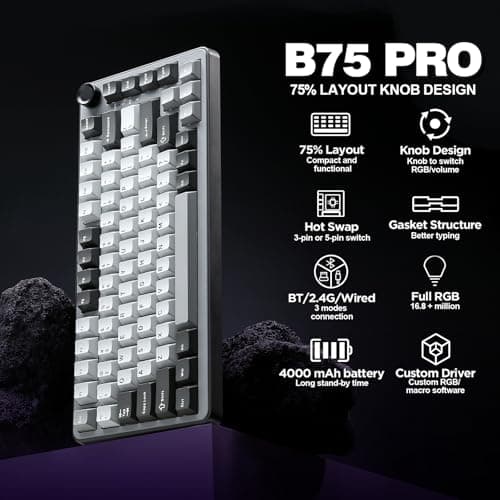 YUNZII B75 PRO Wireless Mechanical Keyboard,75% Layout with Knob,Hot Swap Gasket Structure,Creamy Pre-lubed Switches,RGB Backlit,Bluetooth/Type-C/2.4G for Win/Mac(Dark Grey, Cocoa Cream V2 Switch)