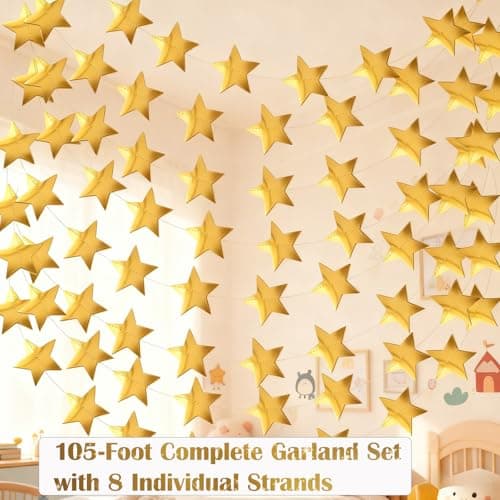 105 Feet Gold Star Garland - 8 Strands Glitter Paper Star String, 2.4 Inch Hanging Decor for Christmas Tree, Birthday Party, Wedding Decor, Ceiling & Home Decoration (Gold) — view 2