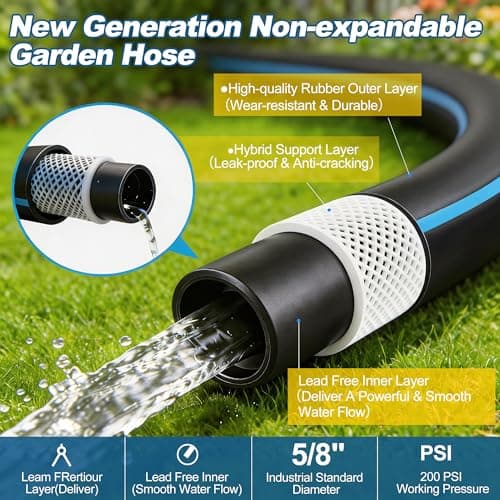Heavy Duty Rubber Garden Hose 5/8" x 50FT, Non-Expandable Kink-Free Water Hose with Leak-Proof 3/4" Fittings for Yard Lawn and Car Wash