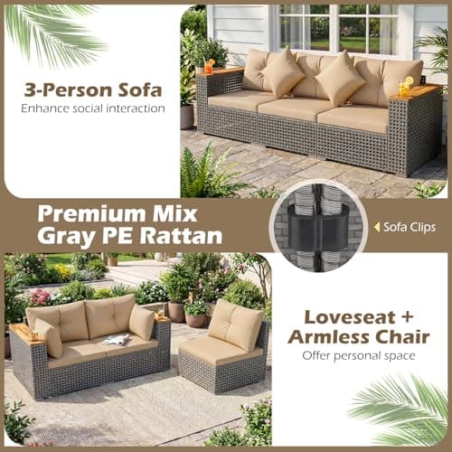 Tangkula 86.5" Large 3-Seat Patio Wicker Sofa, 3 Pieces PE Rattan Sectional Furniture Set with Cup Holder & Wood Armrest, Outdoor Couch with Armless & 2 Corner Sofas for Garden, Yard, Porch (Brown) — view 6