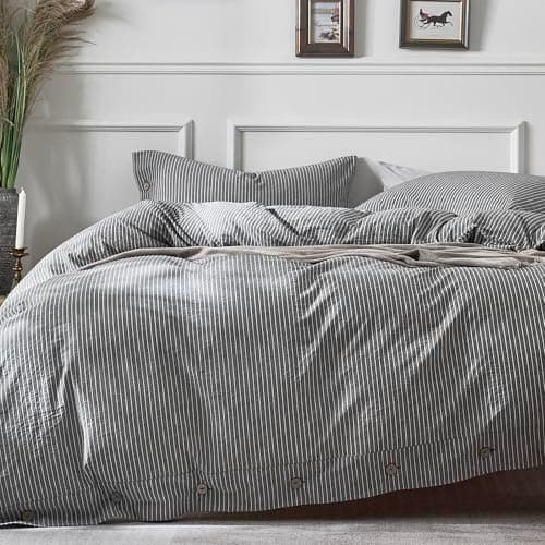 JELLYMONI Cotton Duvet Cover Queen Size - Black Vertical Pinstriped Comforter Cover with Button 100% Washed Cotton 3PCS Breathable Soft Solid Bedding Set Duvet Cover 90×90in & 2 Pillowcases