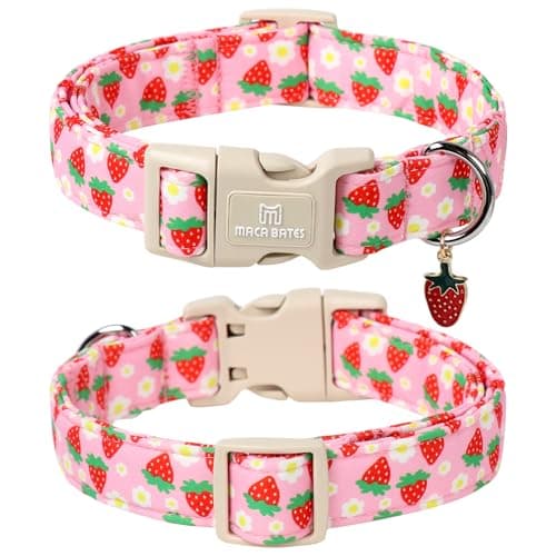 Maca Bates Pink Strawberry Basic Dog Collar for Medium Girl Boy Dogs with Cute Strawberry Charm,Strawberries Pattern, Adjustable Durable Soft Blueberry Birthday Gift Collars for Male Female Puppy — view 6