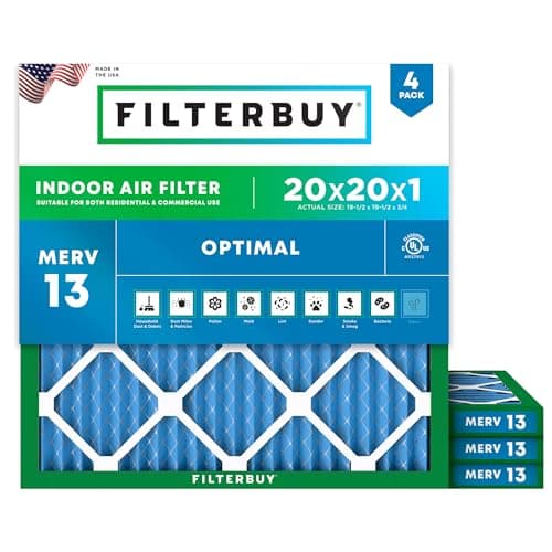 Filterbuy 20x20x1 Air Filter MERV 13 Optimal Smoke & Allergy Defense (4-Pack), Electrostatic Pleated HVAC AC Furnace Filters Replacement, Made in USA (Actual Size: 19.50 x 19.50 x 0.75)