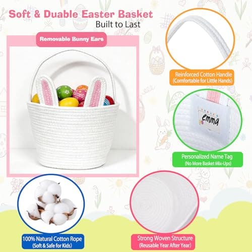 BEIYANA Easter Basket for Kids, Cute Bunny Easter Basket with Removable Ears & Writable Name Tag, Personalized Cotton Rope Woven Empty Easter Basket, First Easter Gift for Toddlers Boys Girls (Pink) — view 2