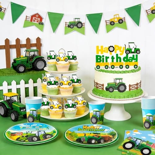Tractor Birthday Party Decorations Supplies, 16 Guests Tractor Party Tableware Set Includes Tractor Plates Tablecloth Backdrop Balloons Cake Toppers etc Tractor Birthday Party Supplies — view 4