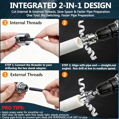 3PCS PVC Pipe Threader Kit, 1/2" 3/4" 1" Pipe Threading Tool Integrated Internal & External Threader with Hex Shank, Electric Drill Compatible Carbon Steel Thread Cutter for Plumbing Pipefitter Repair — view 3