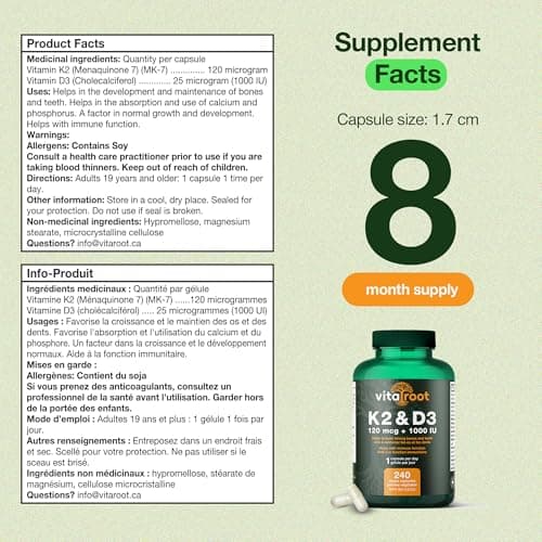 VitaRoot Vitamin D3 + K2 Supplement (8-Month Supply) – 1000 IU D3 with 120mcg K2 MK7. Vitamin D with K2 for Bone, Teeth & Immune Support. Vegan, Non-GMO, Made in Canada — view 3