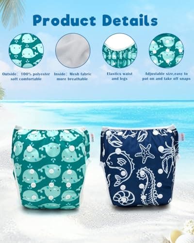 ALVABABY Swim Diapers 2pcs Reusable Baby Swim Diaper 9 Months-3T Adjustable Snap Washable Toddler Swimming Diaper for Pool Beach & Swim Lessons – Waterproof PUL Leak-Proof UPF 30+ Large Size — view 3