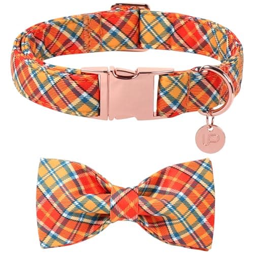 UP URARA PUP Autumn Plaid Dog Collar and Bow Tie Set – Orange Yellow Checkered Adjustable Fall Collar with Maple Leaf Charm for Small Medium Large Dogs, Soft Cotton Pet Collars with Buckle and D-Ring
