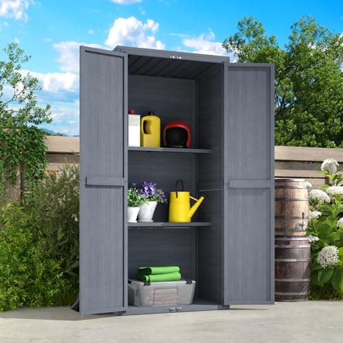 U-MAX Outdoor Wooden Storage Cabinet Weatherproof, Garden Storage Shed with 3 Adjustable Shelves, Vertical Storage Shed & Waterproof Outdoor Storage Clearance with Base — view 3